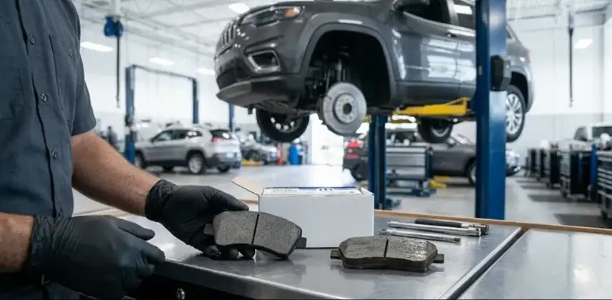 Technician torquing a brake caliper on a Jeep at Singing River CDJR