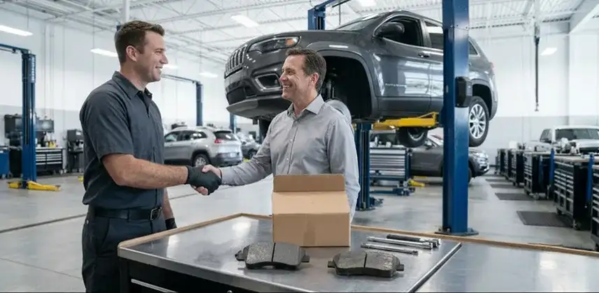 Service advisor handing keys back to a satisfied CDJR owner