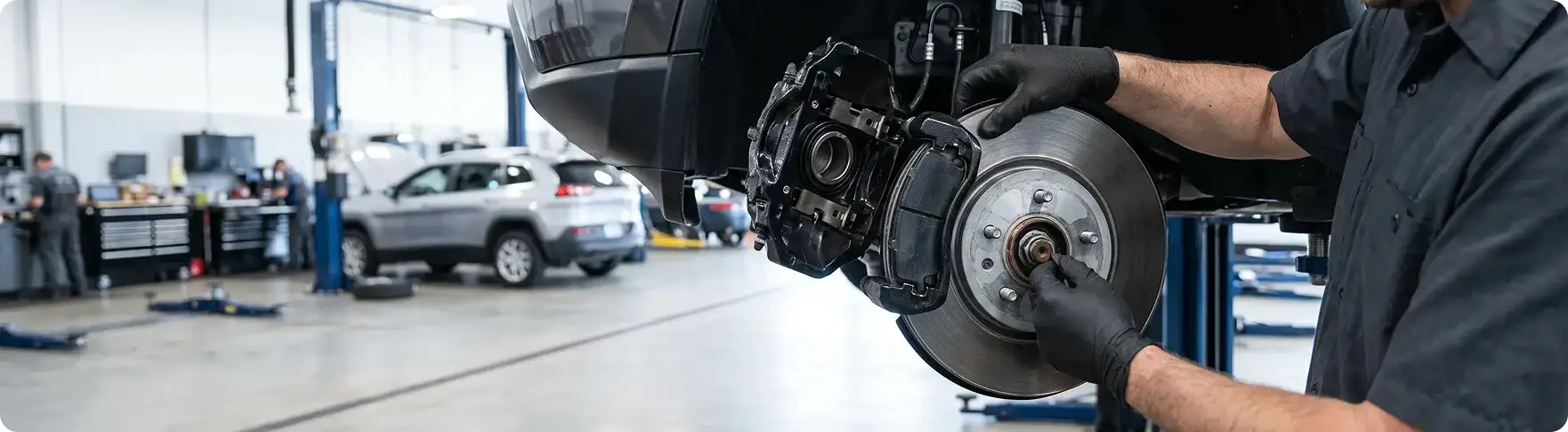 Technician replacing worn brake pads on a Chrysler, Dodge, Jeep or RAM vehicle on a lift