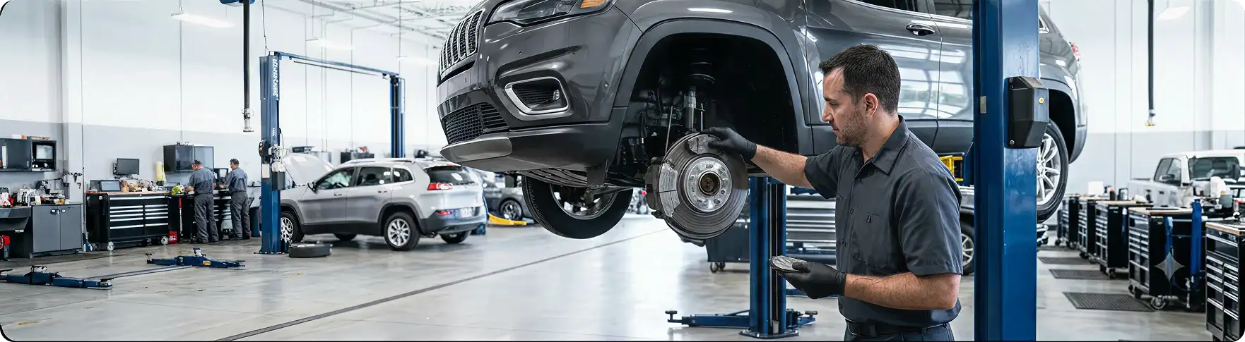 Row of Chrysler, Dodge, Jeep and RAM vehicles being serviced inside the Singing River CDJR shop