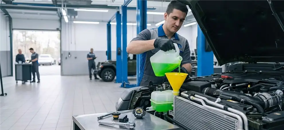 Technician pouring green antifreeze coolant through a funnel into a vehicle's cooling system