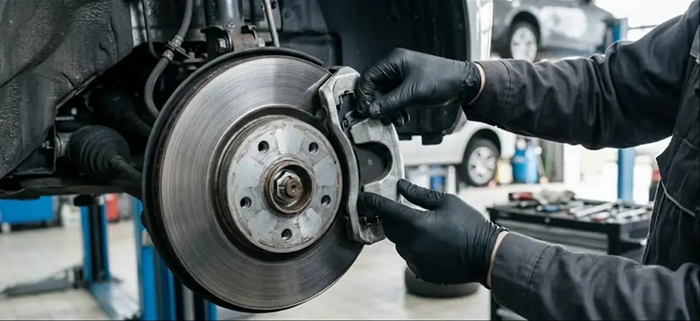 Technician in black gloves removing a brake caliper to replace worn brake pads on a raised vehicle
