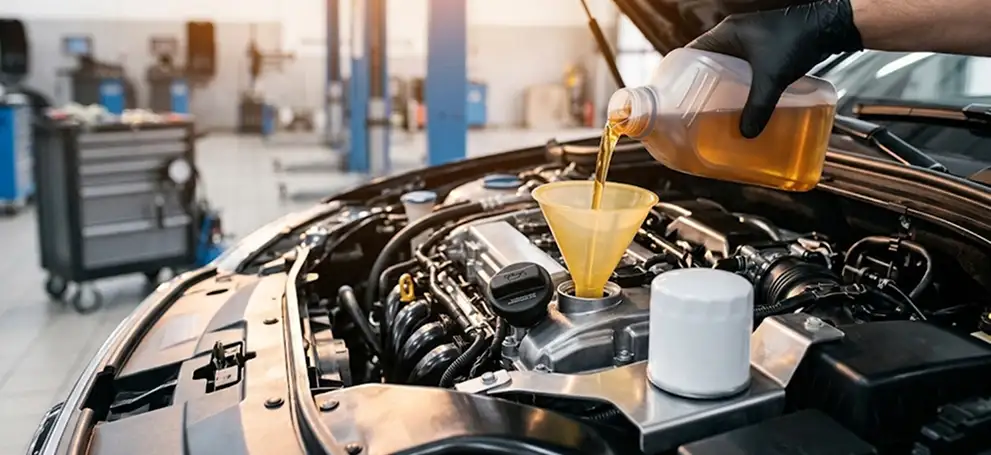 Gloved technician pouring fresh motor oil through a funnel into an engine during an oil change