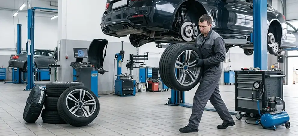 Technician carrying an alloy wheel to rotate the tires on a vehicle raised on a service lift