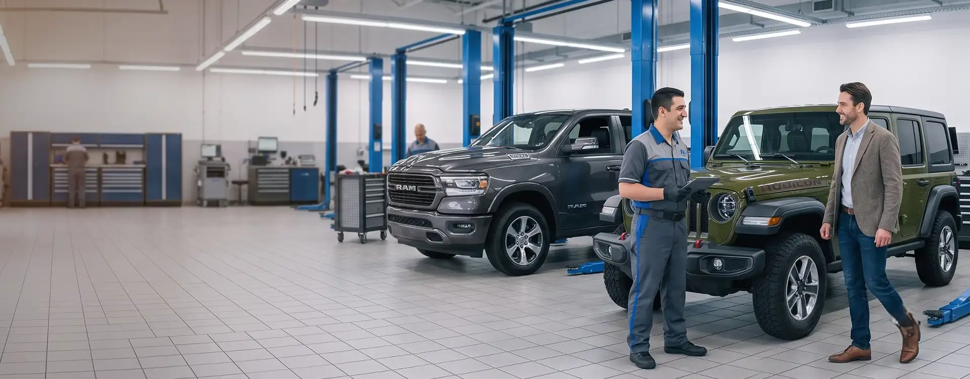 Singing River CDJR service technician showing a customer a green Jeep Wrangler Rubicon and gray RAM truck inside the service bay