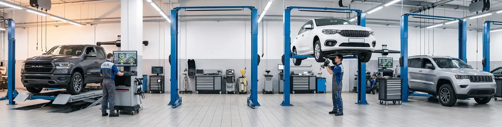 Chrysler, Dodge, Jeep, and RAM vehicles being serviced on lifts inside the Singing River CDJR service center