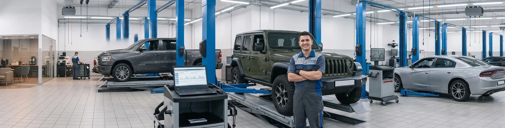 Smiling Singing River CDJR technician standing in front of a green Jeep Wrangler with a RAM truck and Dodge Charger in the service shop