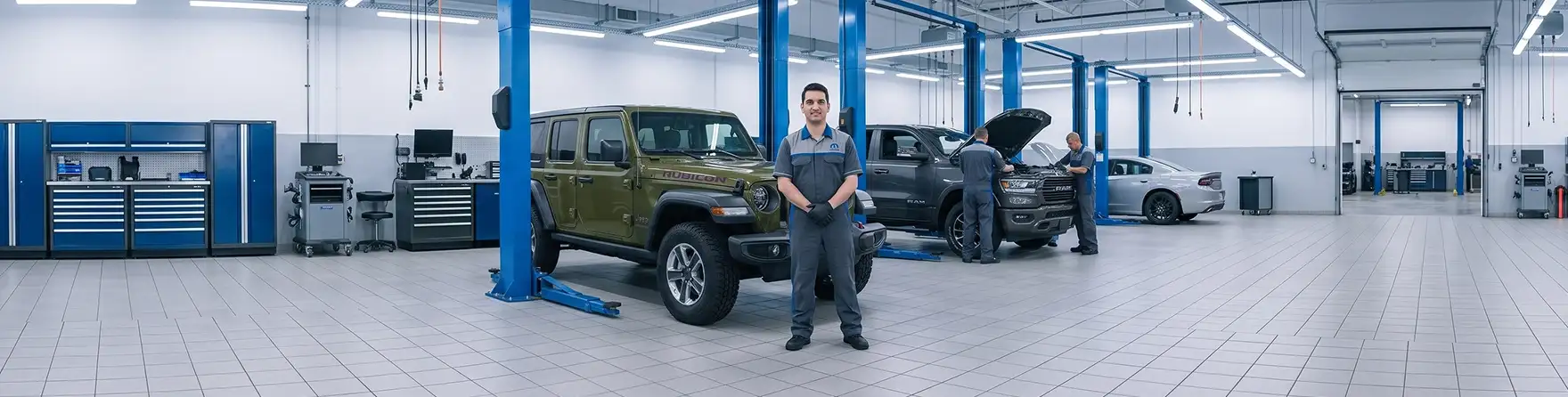 Singing River CDJR technician standing in the service shop beside a green Jeep Wrangler Rubicon, RAM truck, and Dodge Charger