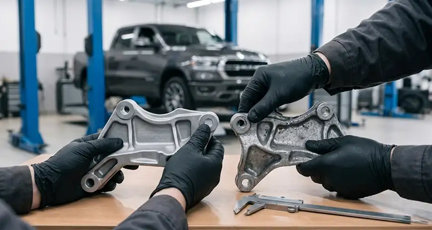 Two technicians in gloves comparing a new genuine Mopar suspension bracket with a worn old part and measuring with calipers