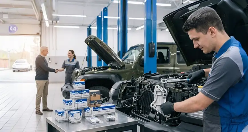 Singing River CDJR technician installing genuine Mopar parts under the hood of a Jeep as a customer shakes hands with a service advisor
