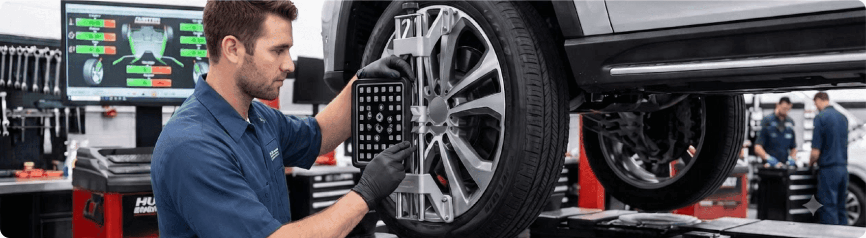 Factory-trained technician adjusting alignment settings on a Chrysler, Dodge, Jeep or RAM wheel