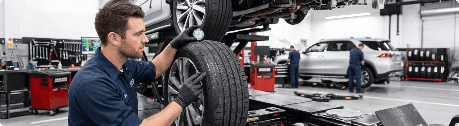 Technician checking tire tread and pressure during a tire alignment inspection at Singing River CDJR