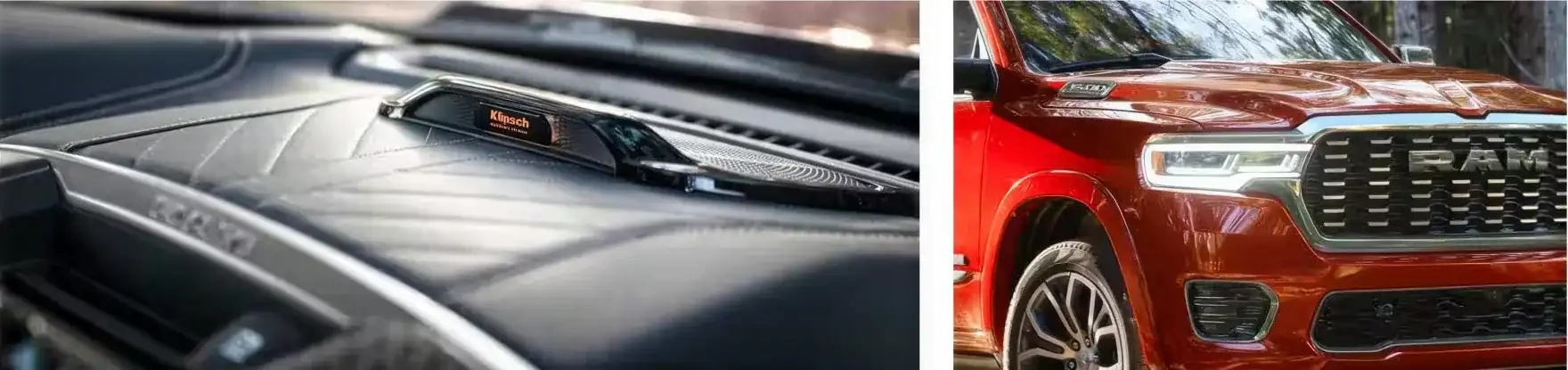 Close-up of the Klipsch dashboard speaker grille and the RAM 1500 front grille