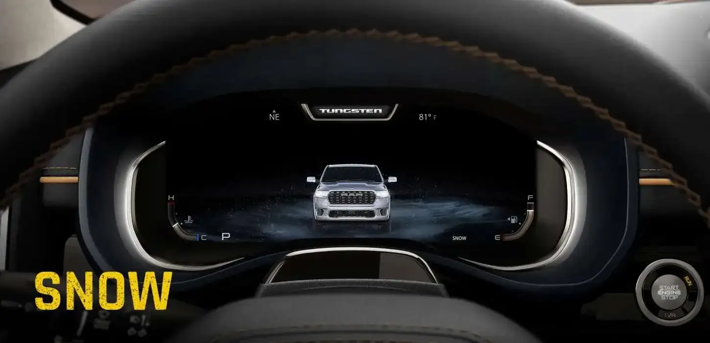 Digital cluster display showing Snow drive mode