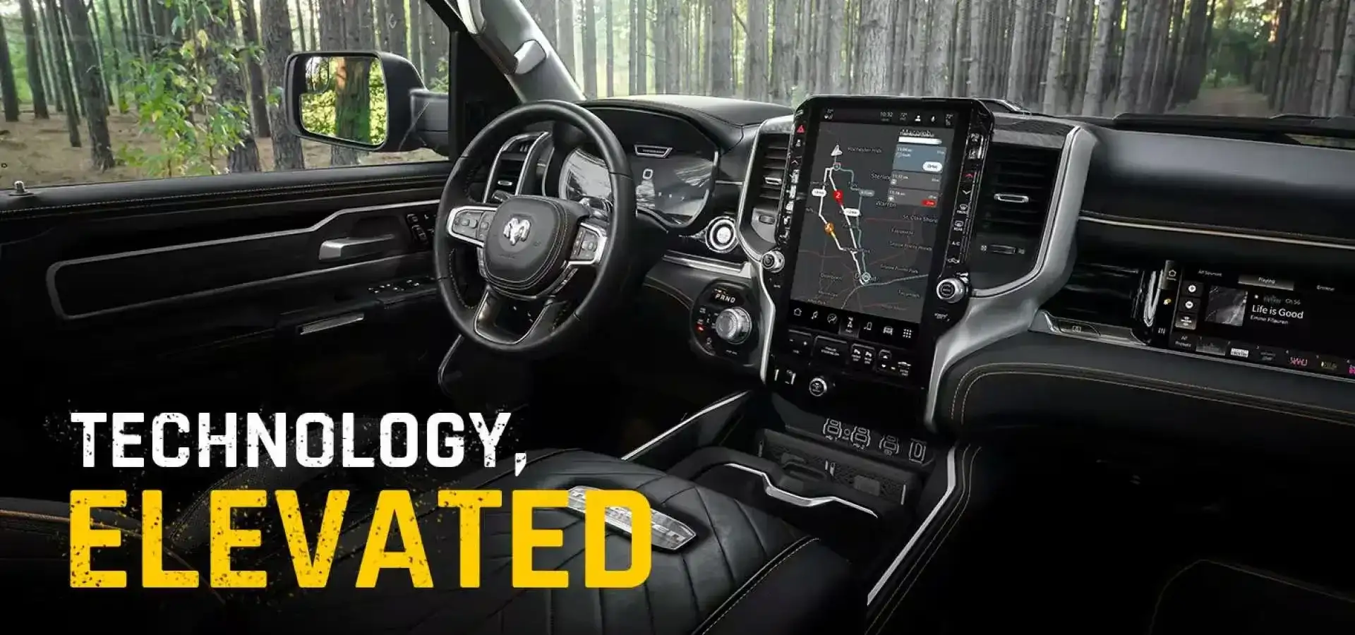 2027 RAM 1500 cockpit with the words Technology, Elevated