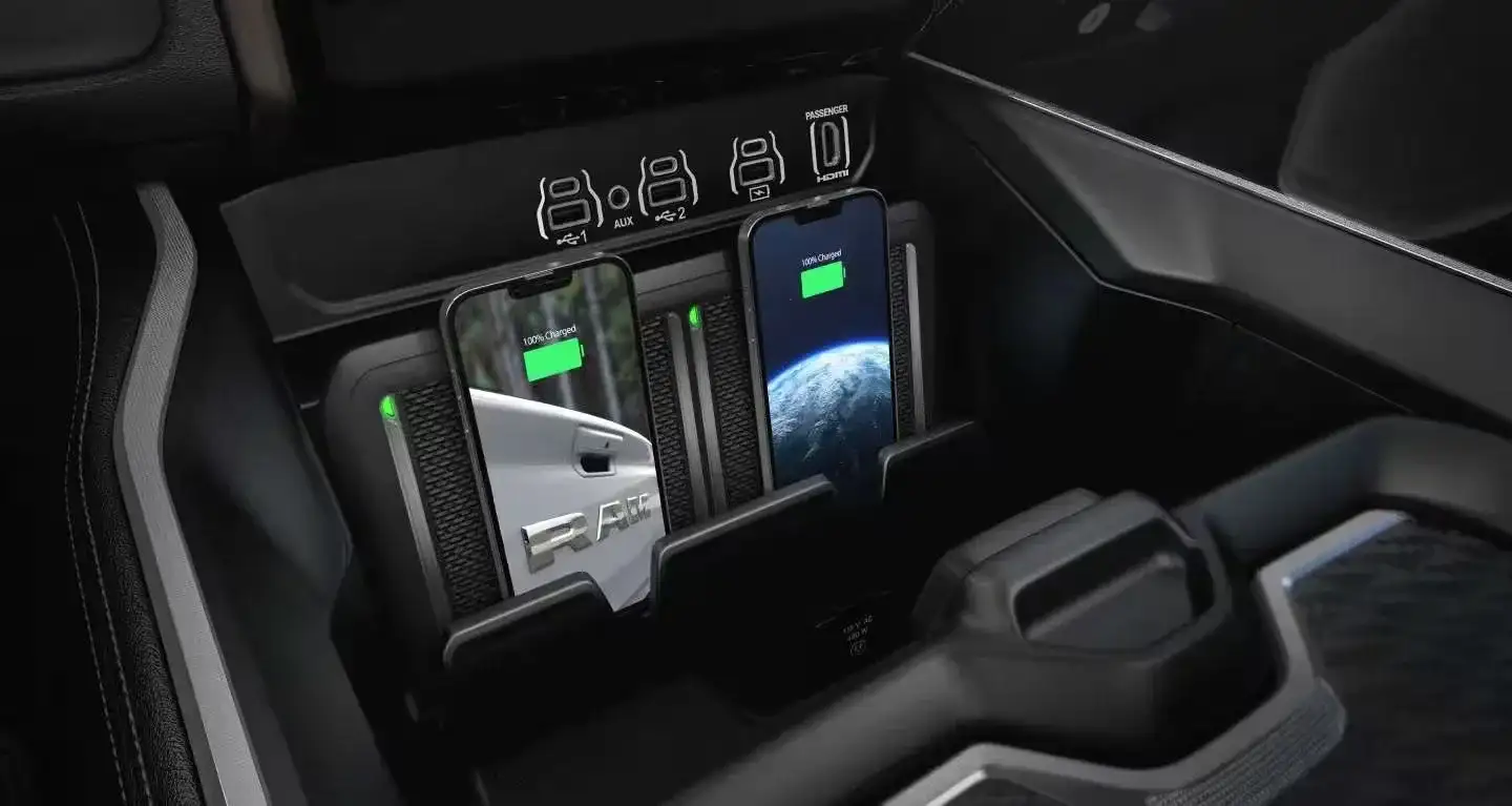 2027 RAM 1500 dual wireless charging pads with two phones