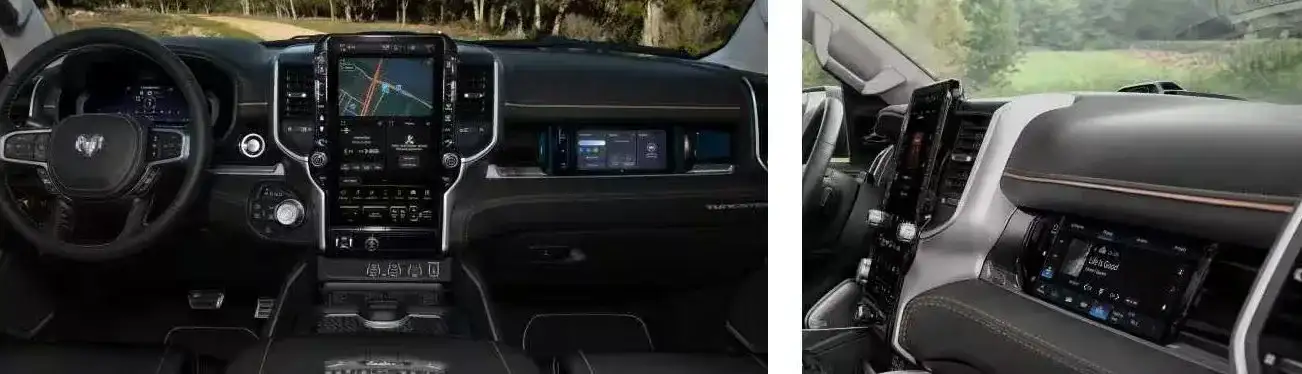 Two views of the 2027 RAM 1500 Tungsten cabin and passenger display