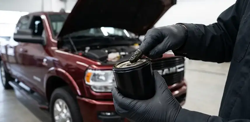 Gloved hands holding a new black Mopar oil filter in front of a dark red RAM 2500 with its hood raised