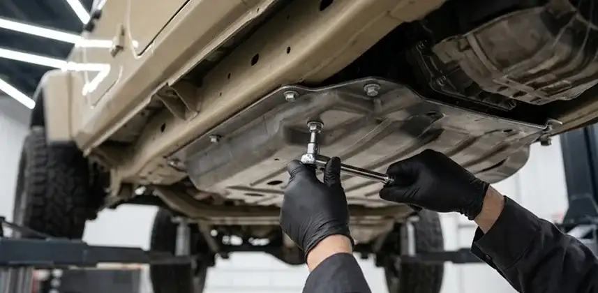 Gloved hands refitting a skid plate bolt underneath a tan Jeep Wrangler raised on a lift