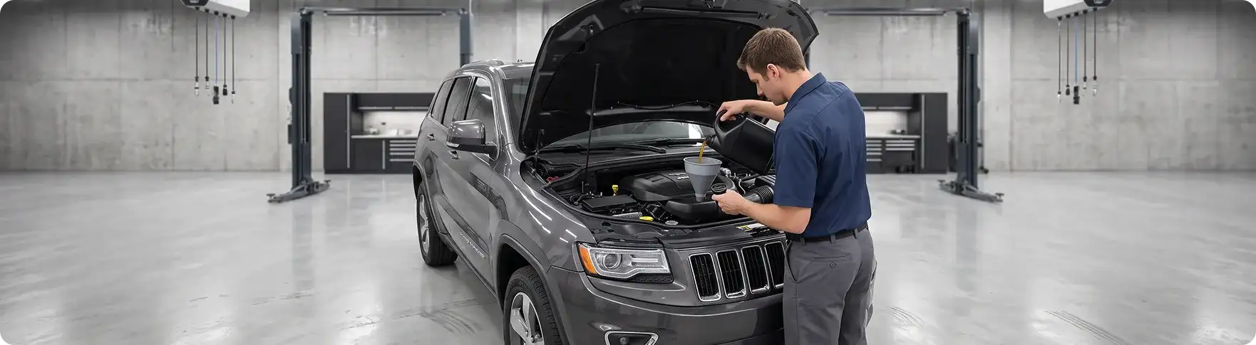 Technician pouring fresh oil through a funnel into the engine of a grey Jeep Grand Cherokee with its hood raised