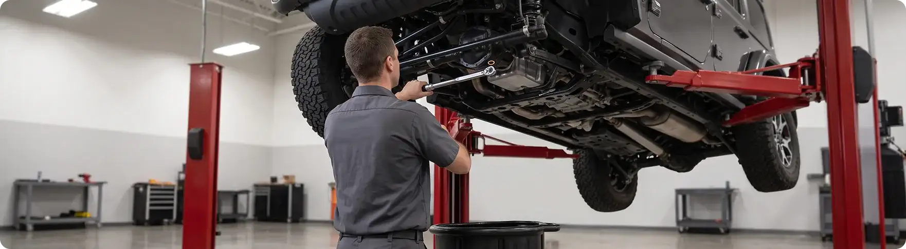 Technician loosening the drain plug on a grey Jeep Gladiator raised on a red two-post lift with a drain pan positioned underneath
