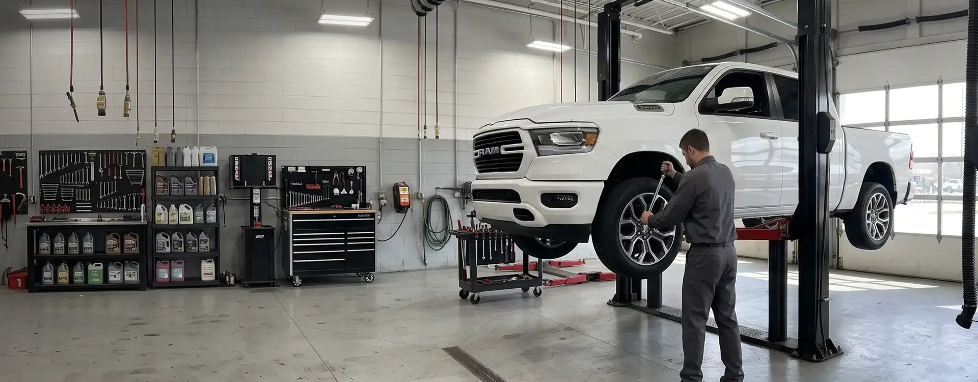 Technician removing a wheel from a white RAM 1500 raised on a two-post lift in the Singing River CDJR service bay