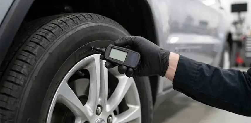 Technician checking tire pressure with a digital gauge on an alloy wheel