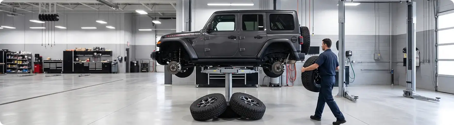Grey Jeep Wrangler raised on a lift with its wheels removed during a tire rotation