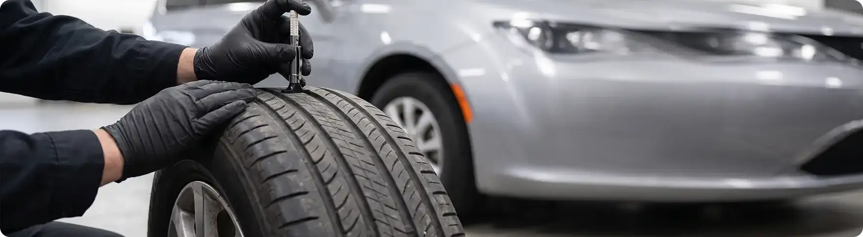 Technician measuring tire tread depth with a gauge beside a silver Chrysler Pacifica