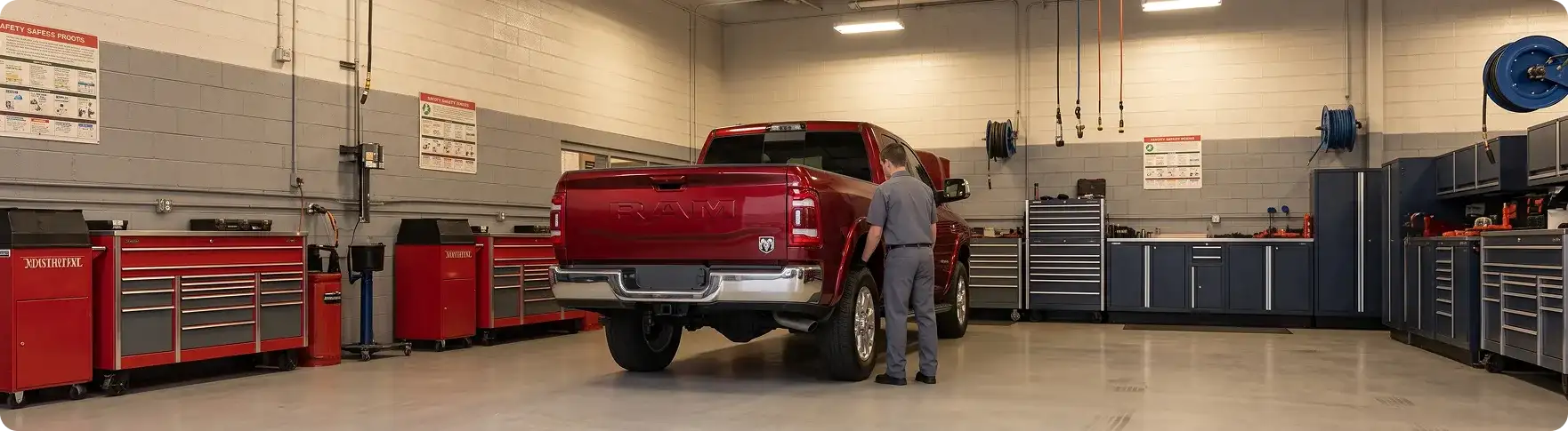 Red RAM 2500 parked in the Singing River CDJR service bay with a technician working alongside it