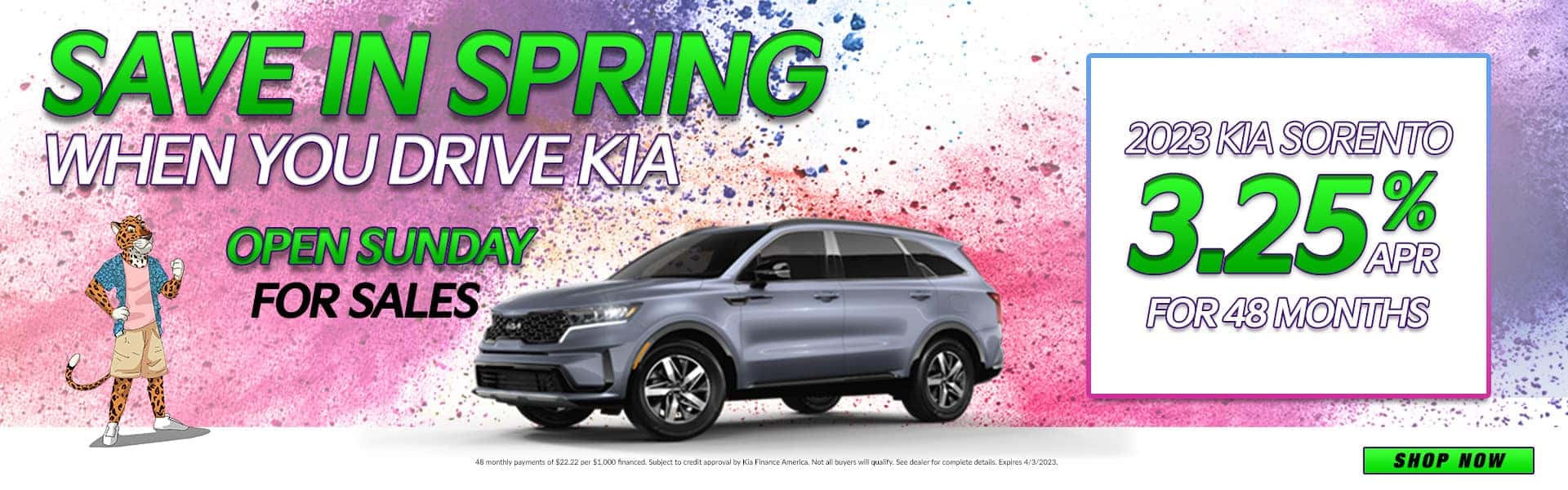 SAVE IN SPRING WHEN YOU DRIVE KIA | 2023 KIA SORENTO 3.25% APR FOR 48 MONTHS