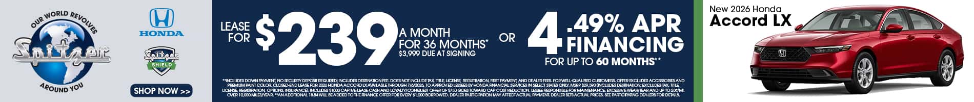 New 2026 Honda Accord LX Lease for $239/mo for 36 Months* OR 4.49% APR Financing for up to 60 Months**