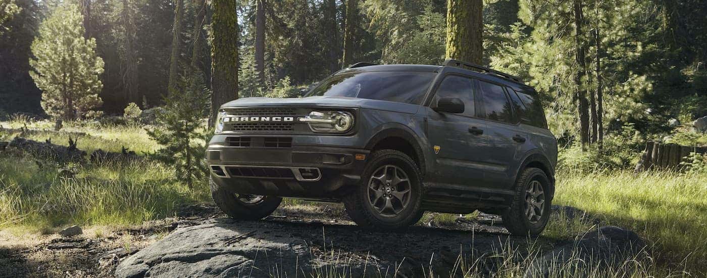A black 2022 Ford Bronco Sport Badlands is shown parked on a large rock in the forest.