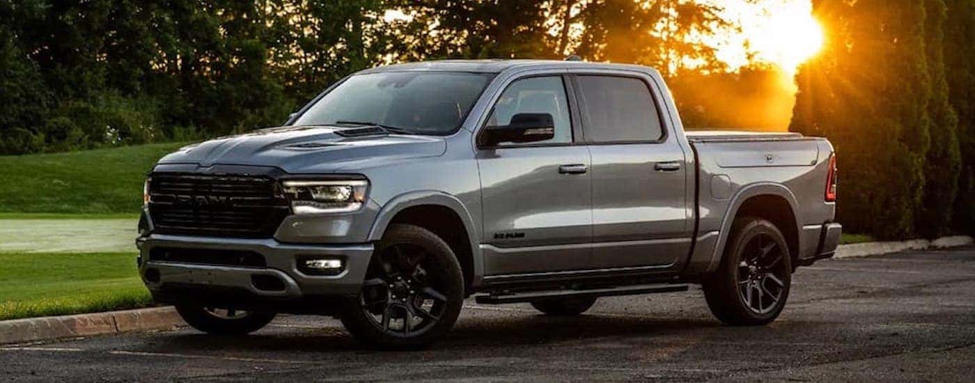 A gray 2022 Ram 1500 is shown from the side after leaving a truck dealer near Poncha Springs, CO.
