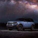 A blue 2024 Ford Bronco Sport is shown from the front at an angle after leaving a Crested Butte Ford dealer.