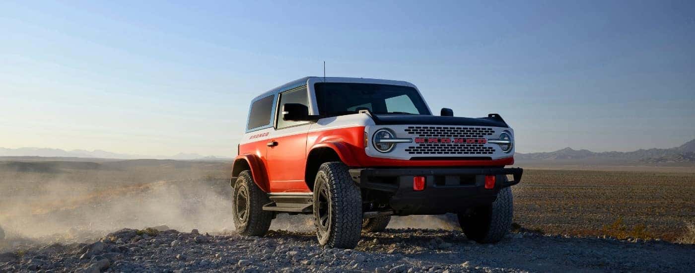 A red 2025 Ford Bronco Stroppe Edition is show from the front at an angle.