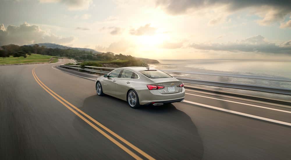 A tan 2024 Chevy Malibu from behind after leaving a used Chevy dealer.