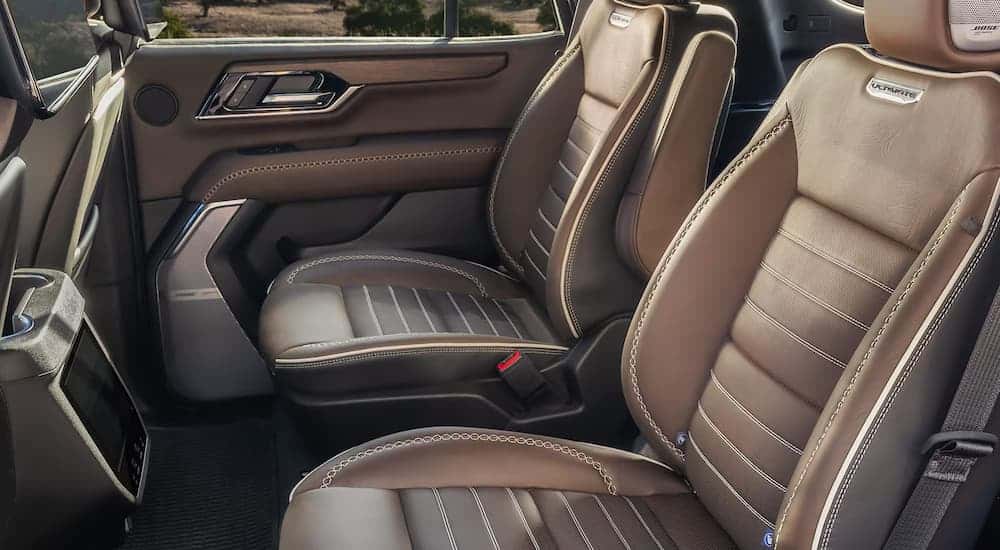 Brown leather interior of a 2025 GMC Yukon Ultimate for sale