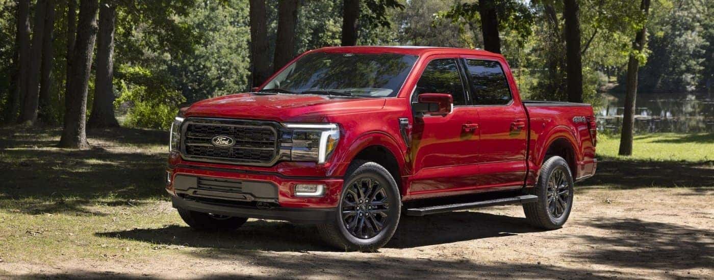 A red 2024 Ford F-150 is shown from the front at an angle after leaving a dealer that has trucks for sale near Lake County.