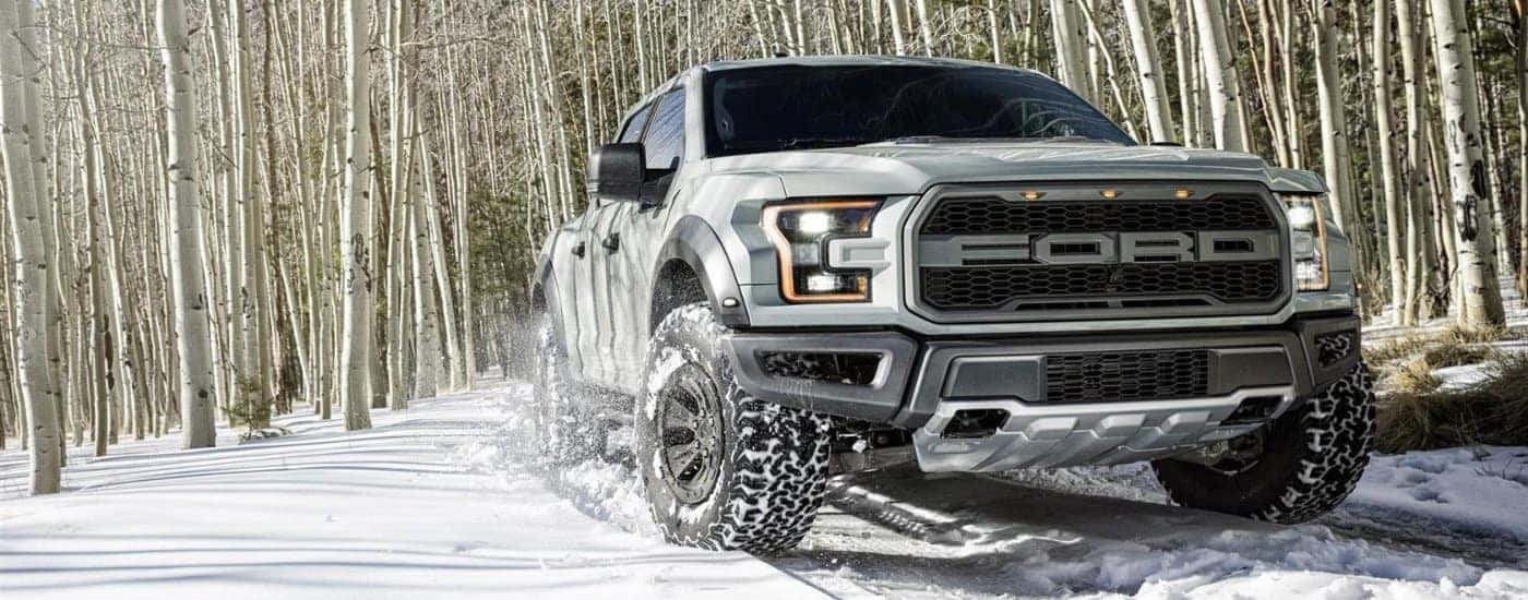 A silver 2017 Ford F-150 Raptor is shown driving through snow in the woods.