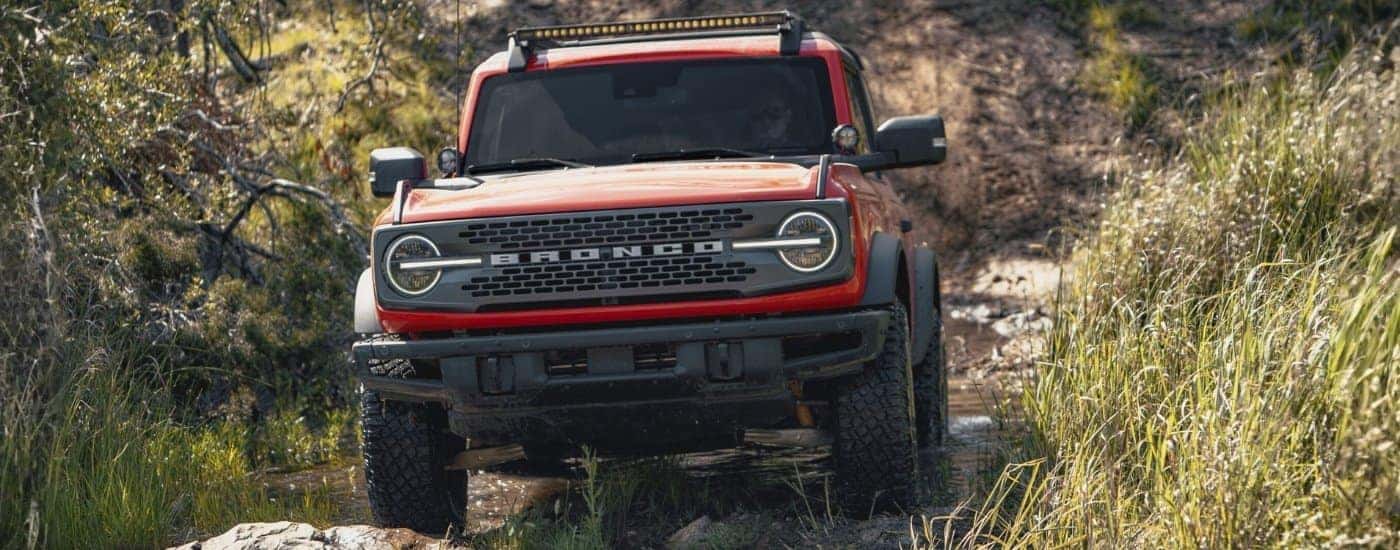 A red 2021 Ford Bronco Sport is shown from the front off-roading after visiting a Colorado Ford Bronco Sport dealer.