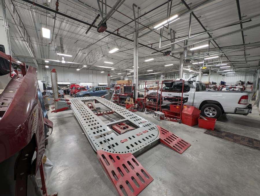 Collision repair floor inside Tom Kadlec Auto Body