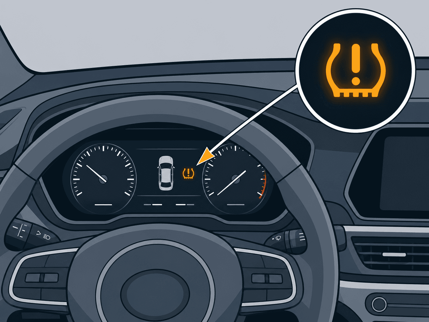 Close-up graphic of a Kia Sportage instrument cluster displaying the TPMS tire-pressure warning light.