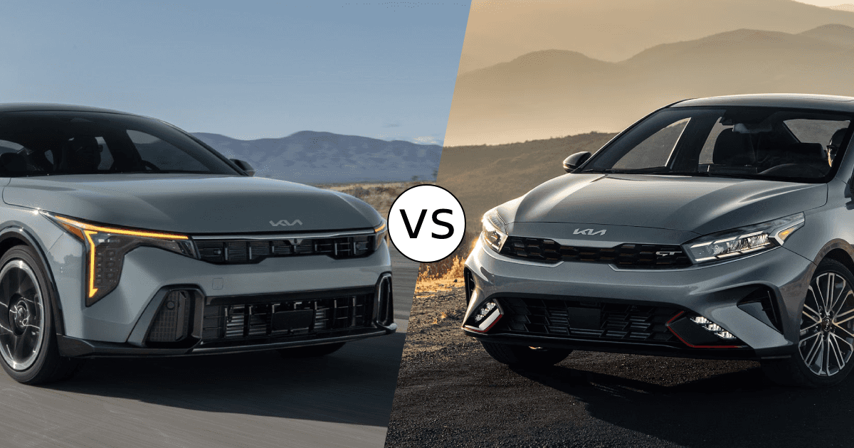 Comparison image showing the Kia K4 versus the Kia Forte in a compact sedan perspective