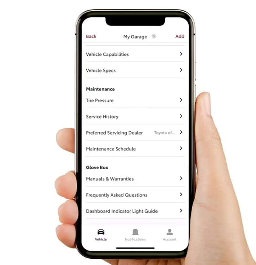 a photo of the vehicle manuals and warranties in the toyota app