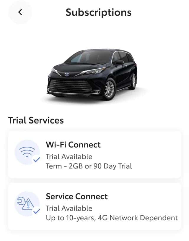 a photo of the current connected services subscriptions in the toyota app