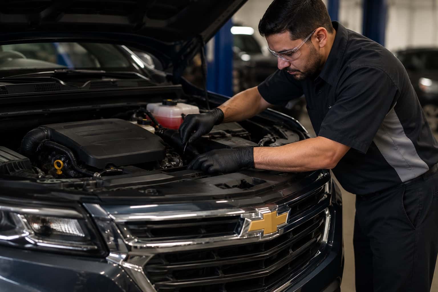 Webb Auto Group technicians performing multi-point inspections across Chevy, Hyundai, and Genesis vehicles