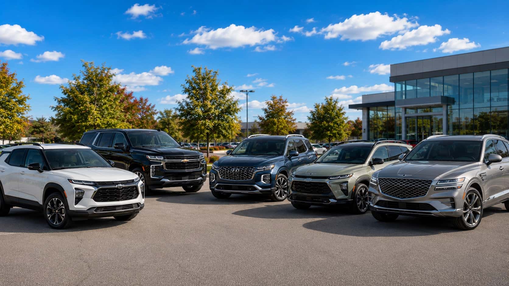 Hyundai, Chevrolet, and Genesis family SUVs at a Webb Auto Group dealership serving Northwest Indiana and Chicagoland