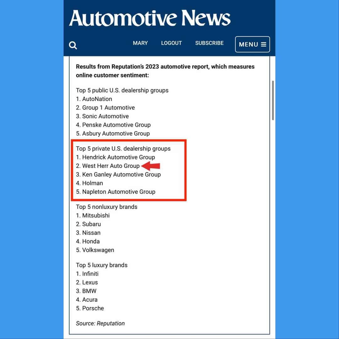 West Herr Earns top distinction in Reputation by Automotive News