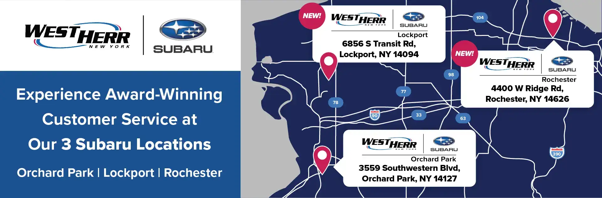 Map of Western New York with points at the 3 Subaru locations in Orchard Park, Lockport, and Rochester
